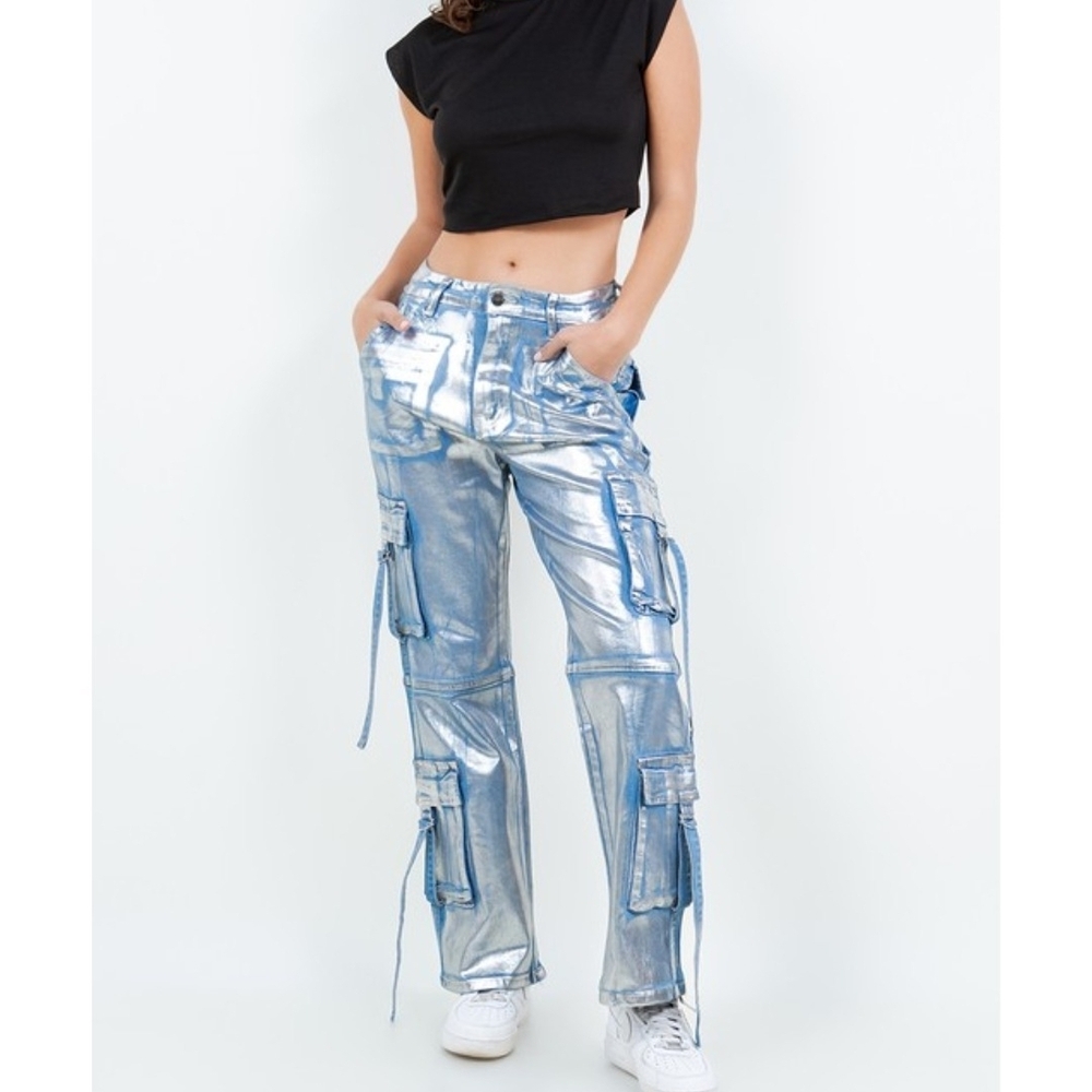 D Rock Silver Cargo Stretch Jeans with Distressed Details NWT